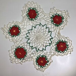 Crocheted 3D Rose Lace Doily White Red Green Flower Cottage Core Granny Vintage